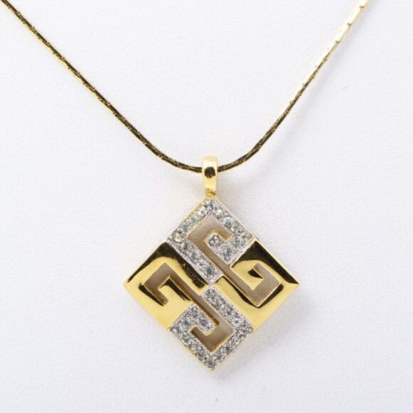 ✨ Vintage Givenchy Gold Logo & Rhinestone Square Pendant Necklace 16" ✨ - Picture 1 of 5